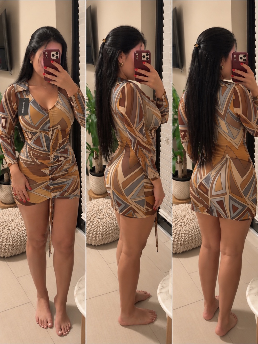 Geometric Ruched Long-Sleeve Mini Dress in Brown